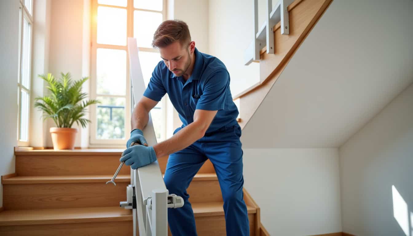 Technicien en train d’installer un monte-escalier dans une maison à Gigean