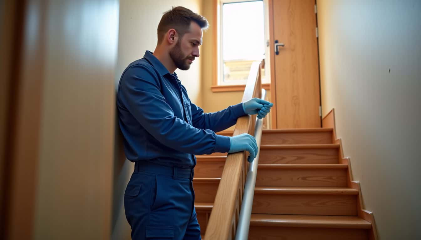 Technicien en train d’installer un monte-escalier dans une maison à Herzeele