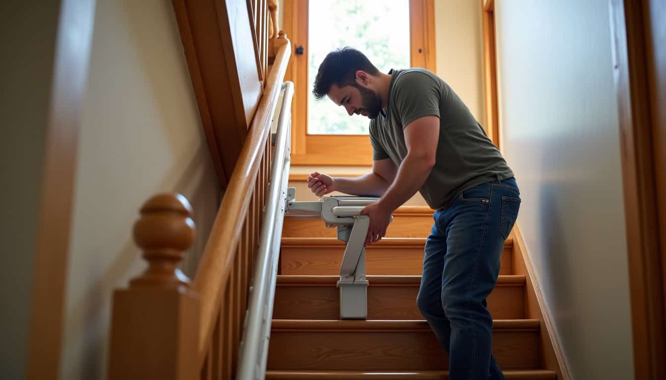 Technicien en train d’installer un monte-escalier dans une maison à Hières-sur-Amby