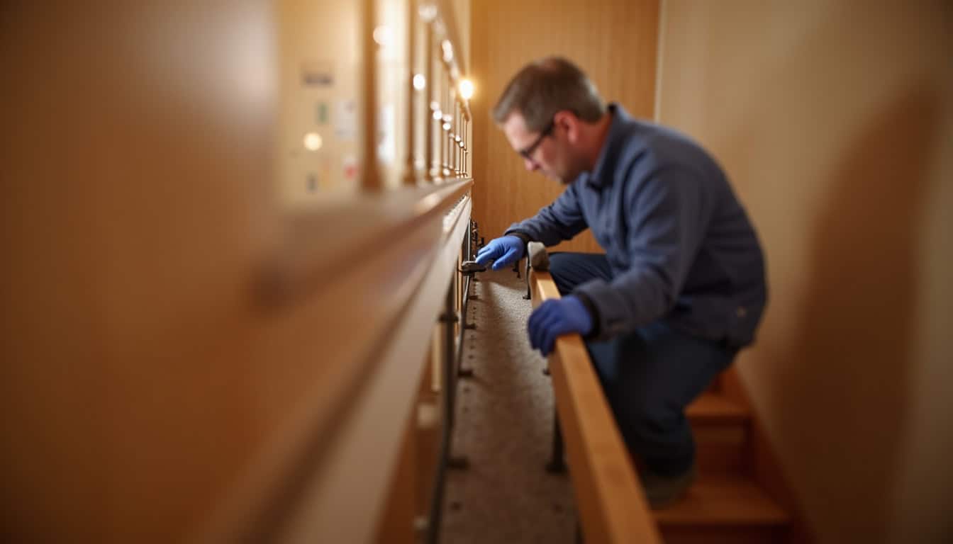 Technicien en train d’installer un monte-escalier dans une maison à Holnon
