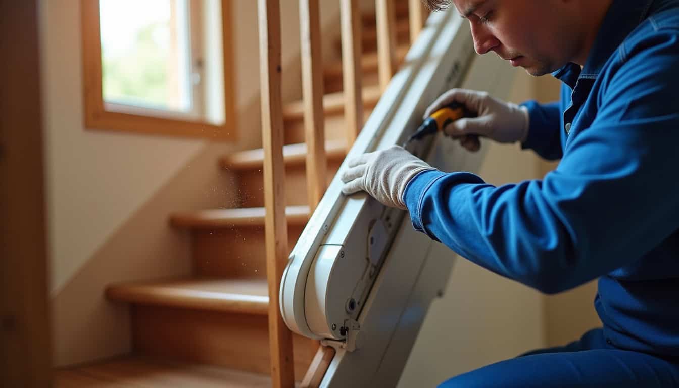 Technicien en train d’installer un monte-escalier dans une maison à Ingrandes-le-Fresne-sur-Loire