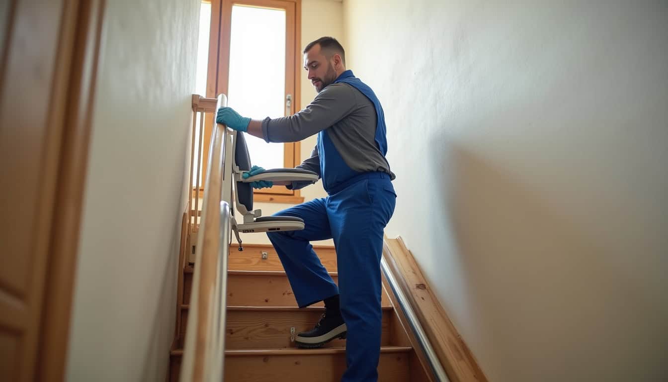 Technicien en train d’installer un monte-escalier dans une maison à Kintzheim