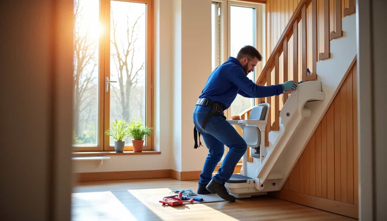 Technicien en train d’installer un monte-escalier dans une maison à Lampertheim