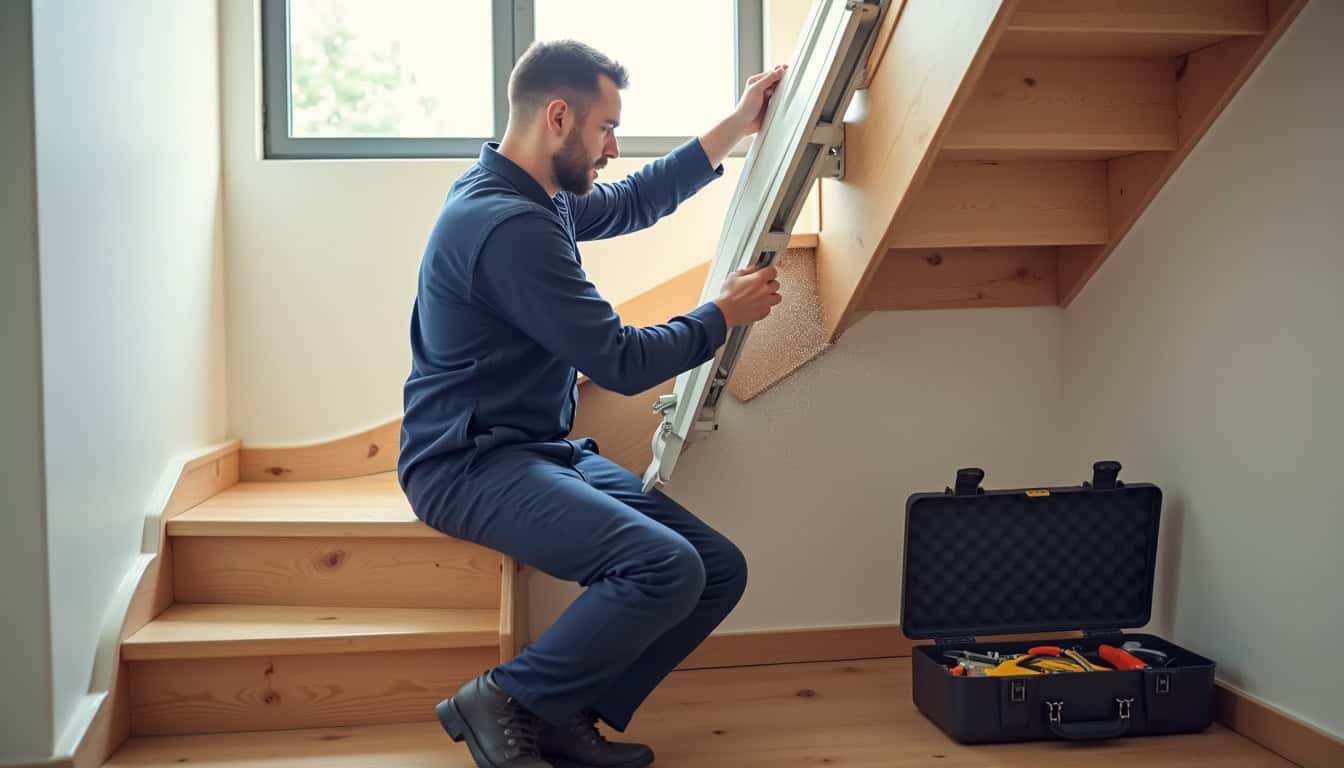 Technicien en train d’installer un monte-escalier dans une maison à Laxou