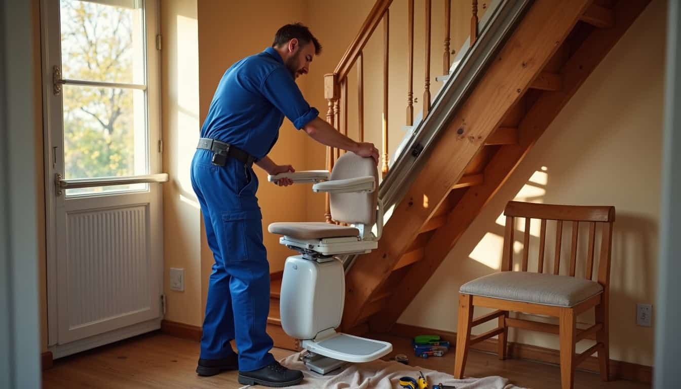 Technicien en train d’installer un monte-escalier dans une maison à Le Minihic-sur-Rance