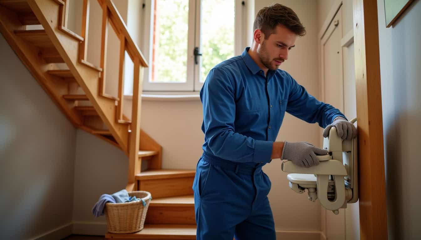 Technicien en train d’installer un monte-escalier dans une maison à Les Avenières Veyrins-Thuellin