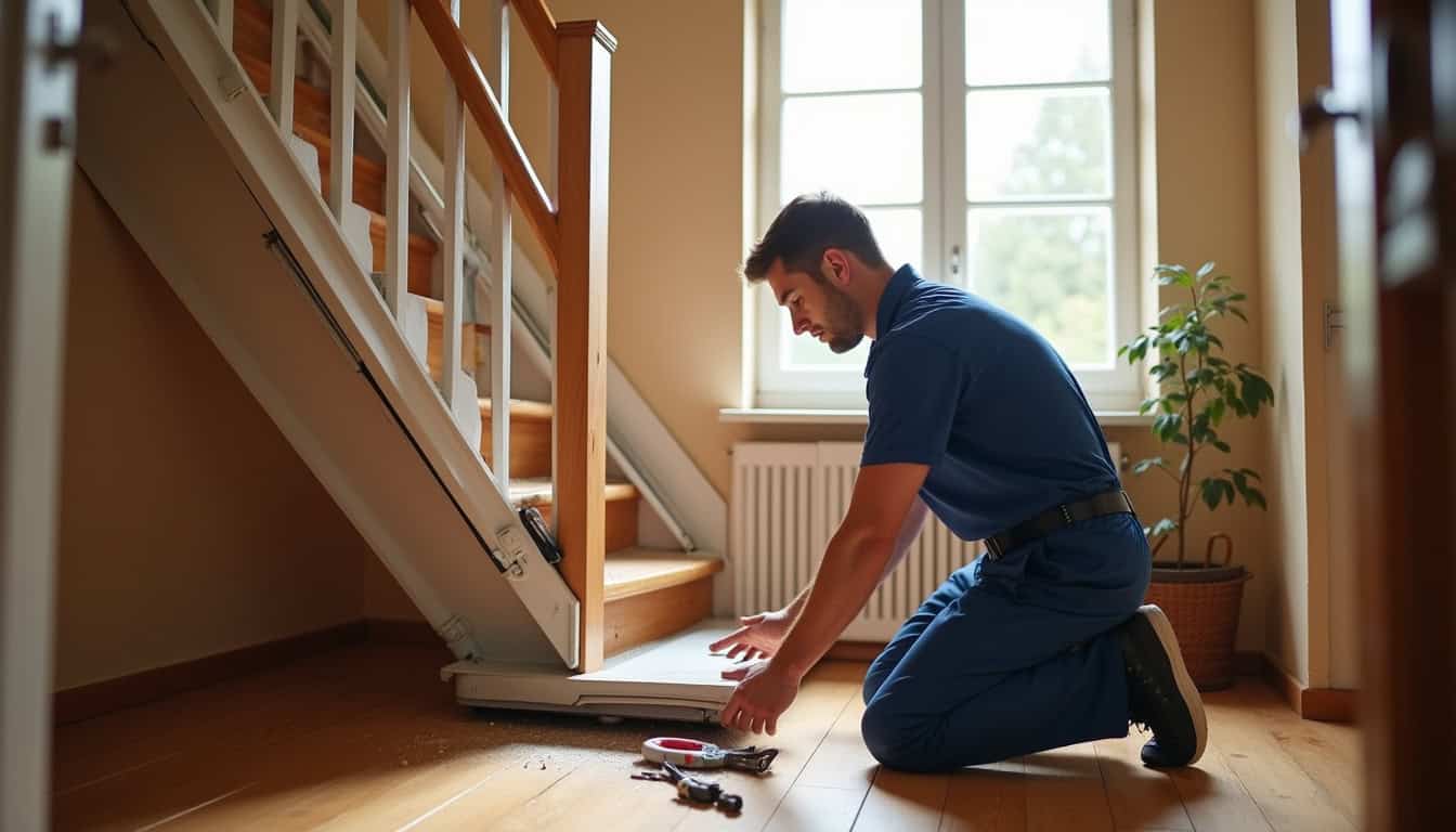 Technicien en train d’installer un monte-escalier dans une maison à Les Monts du Roumois