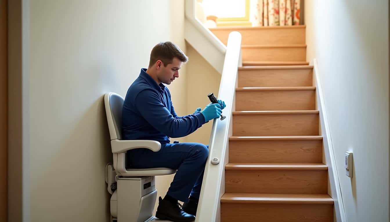 Technicien en train d’installer un monte-escalier dans une maison à Lombers