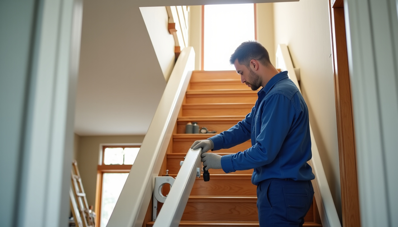 Technicien en train d’installer un monte-escalier dans une maison à Loon-Plage