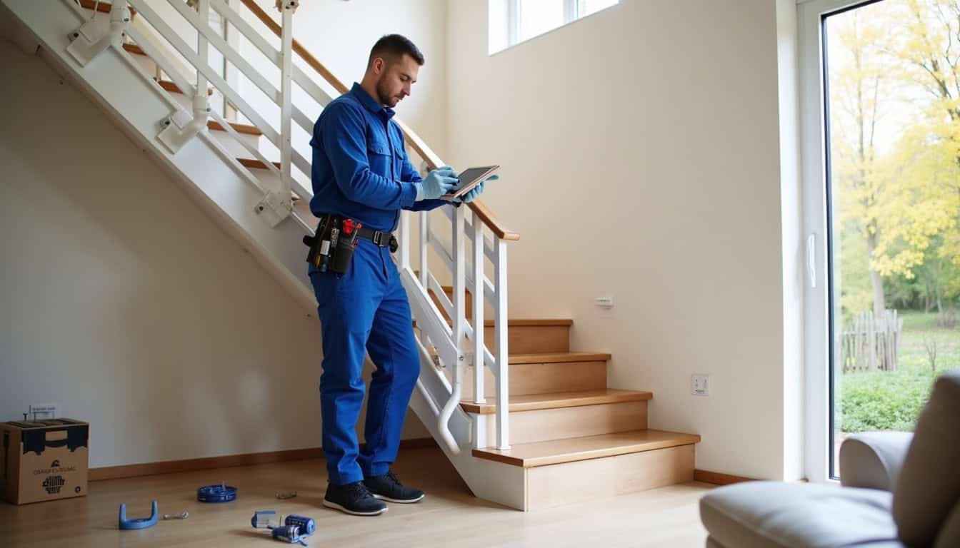 Technicien en train d’installer un monte-escalier dans une maison à Losne