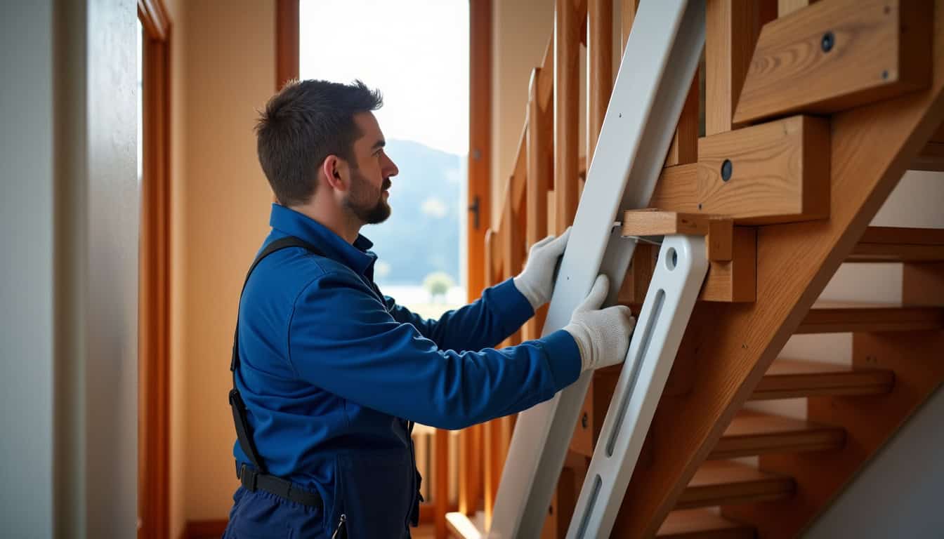Technicien en train d’installer un monte-escalier dans une maison à Luz-Saint-Sauveur