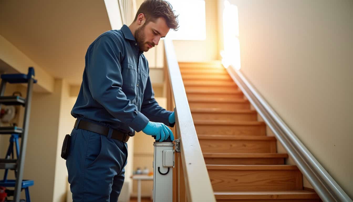 Technicien en train d’installer un monte-escalier dans une maison à Moliens