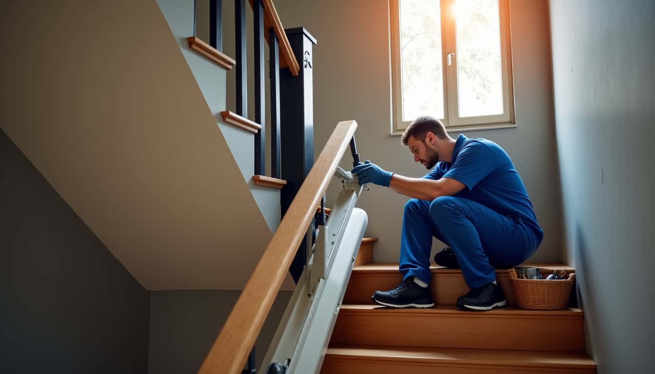 Technicien en train d’installer un monte-escalier dans une maison à Monts-de-Randon