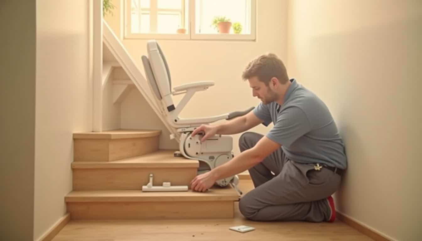 Technicien en train d’installer un monte-escalier dans une maison à Néoules