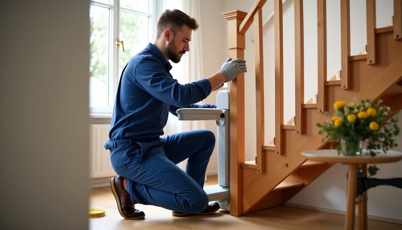 Technicien en train d’installer un monte-escalier dans une maison à Paray-le-Monial