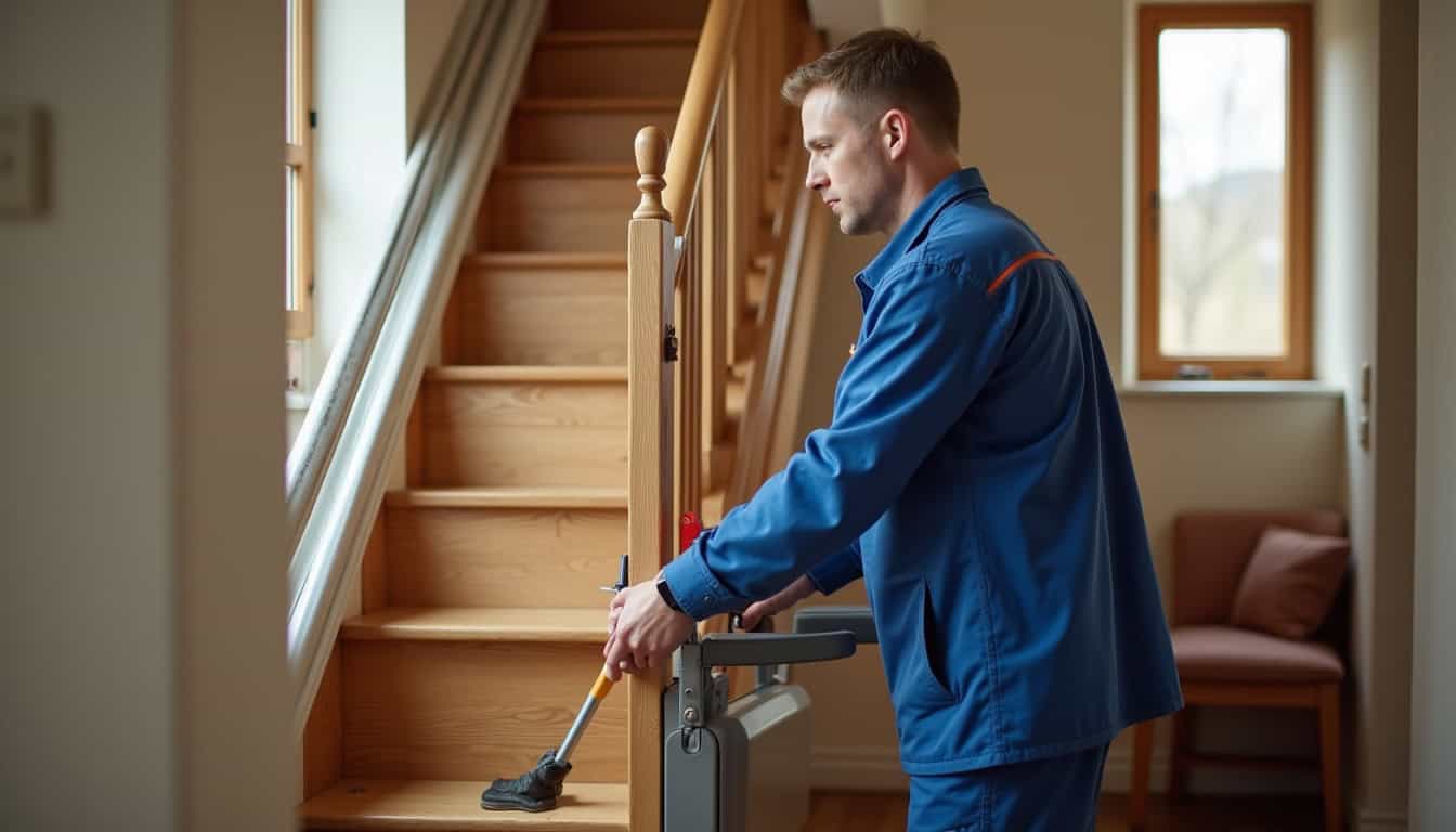 Technicien en train d’installer un monte-escalier dans une maison à Passy
