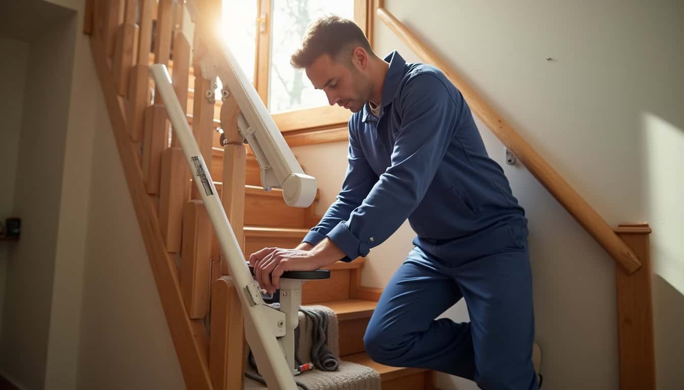 Technicien en train d’installer un monte-escalier dans une maison à Pencran