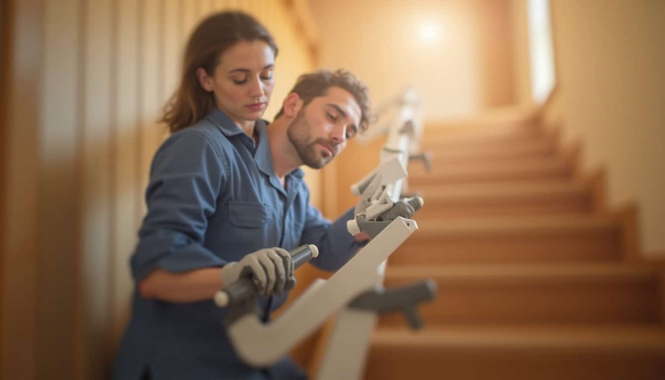 Technicien en train d’installer un monte-escalier dans une maison à Plouay