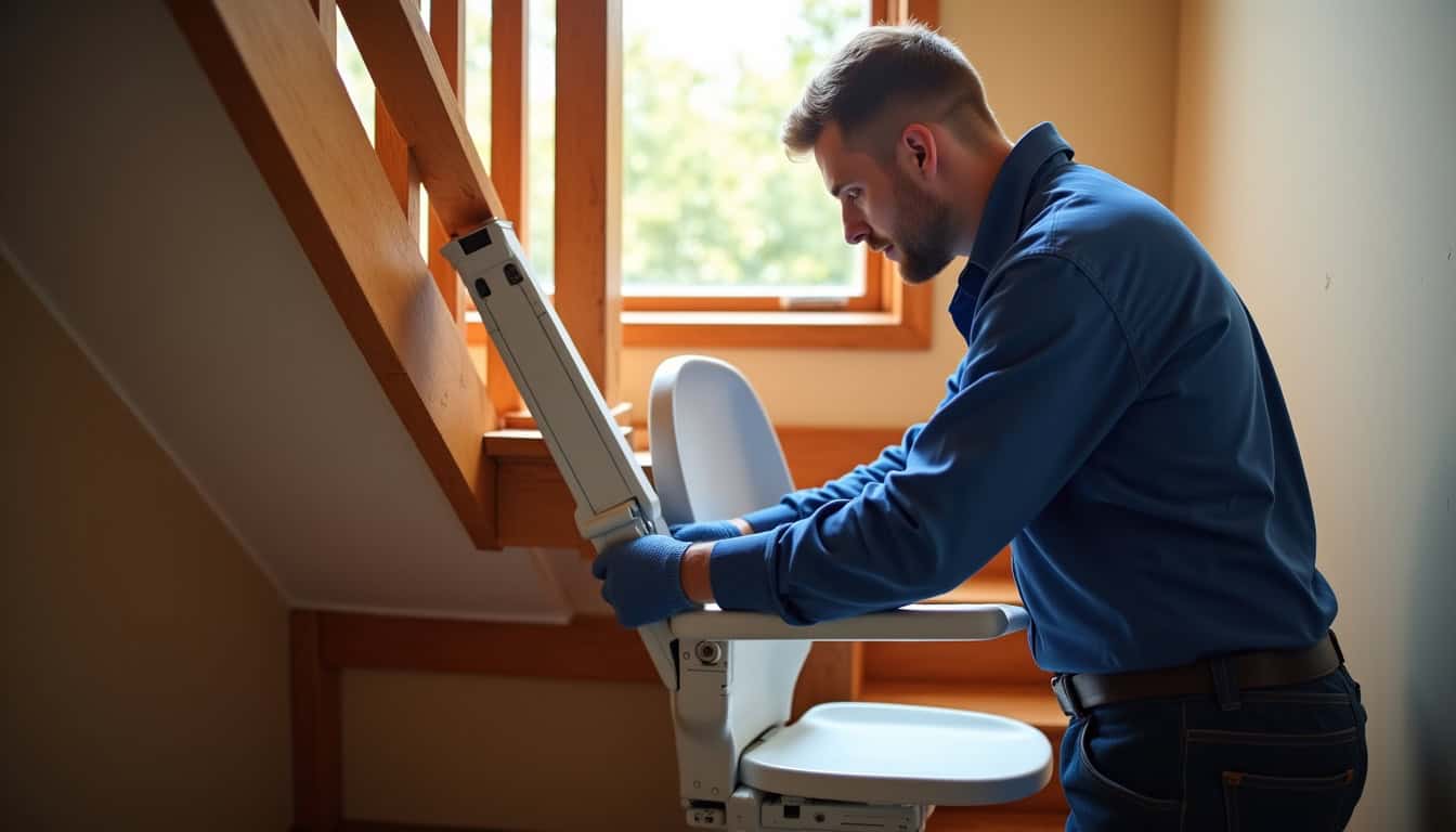 Technicien en train d’installer un monte-escalier dans une maison à Ploumoguer