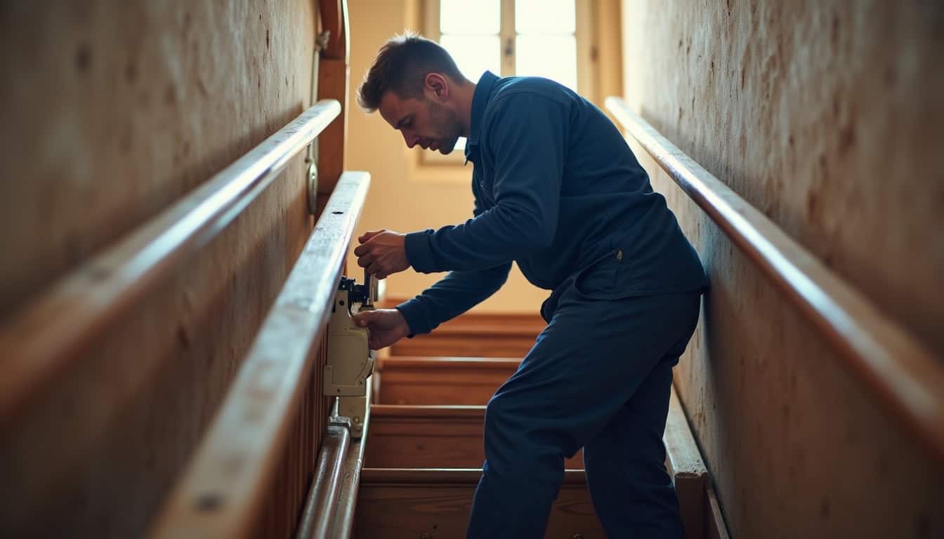 Technicien en train d’installer un monte-escalier dans une maison à Prignac-et-Marcamps
