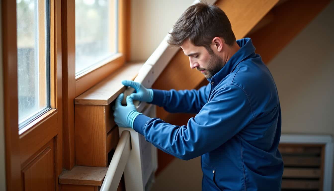 Technicien en train d’installer un monte-escalier dans une maison à Saint-Bonnet-de-Mure, avec outils et matériel de pose