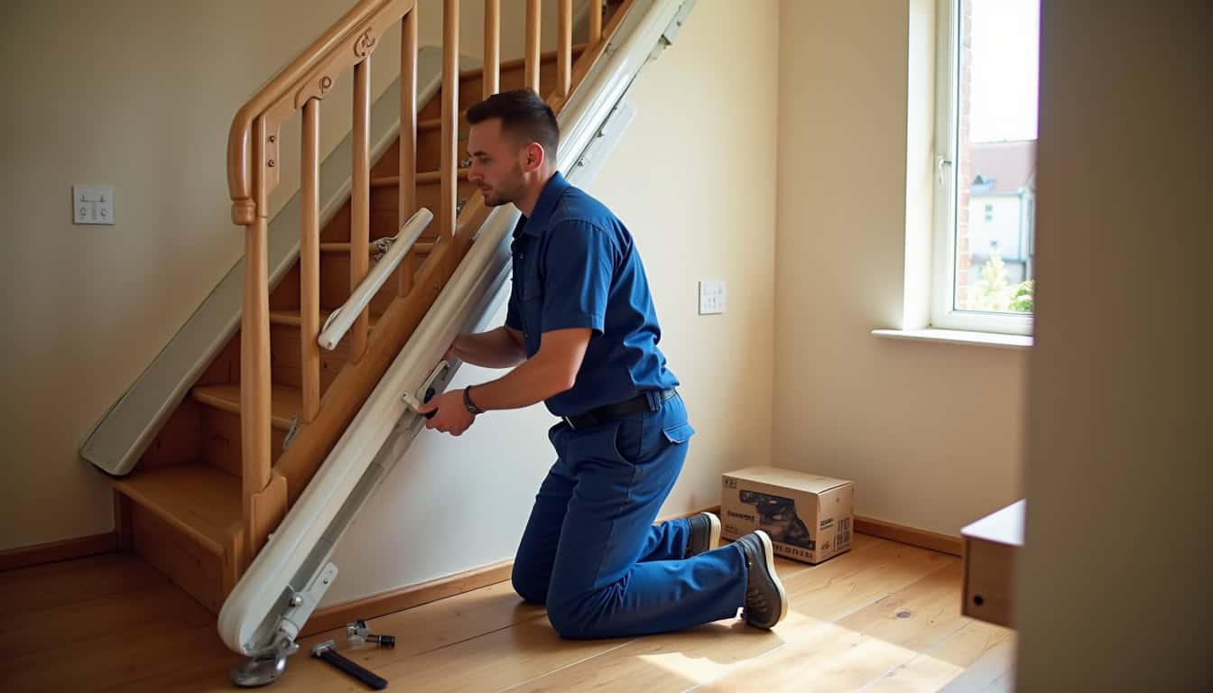 Technicien en train d’installer un monte-escalier dans une maison à Saint-Symphorien-sur-Coise