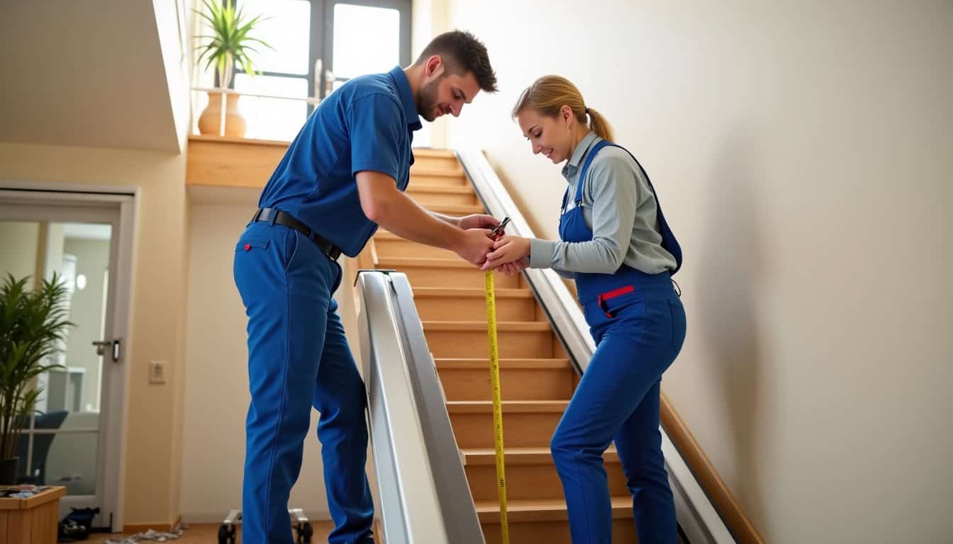 Technicien en train d’installer un monte-escalier dans une maison à Saintes