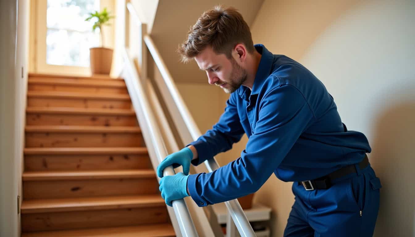 Technicien en train d’installer un monte-escalier dans une maison à Saizerais