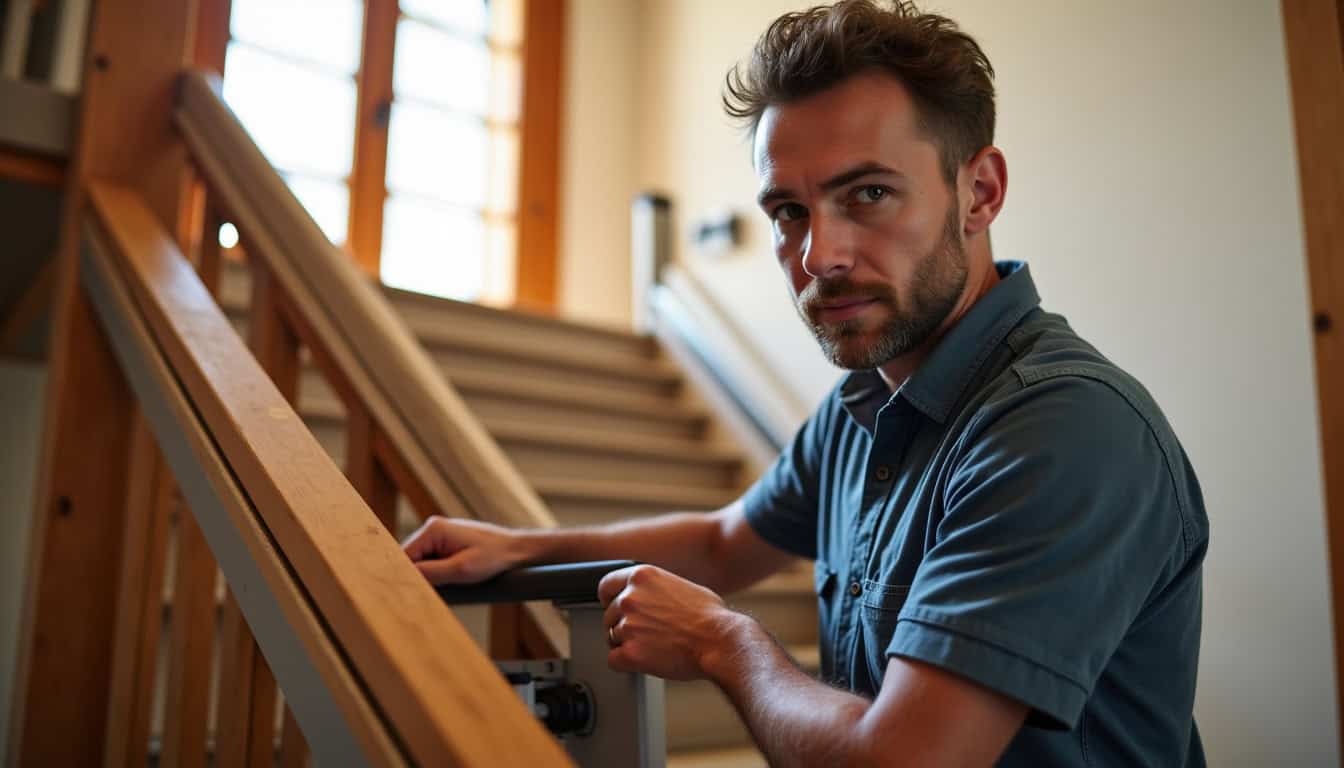 Technicien en train d’installer un monte-escalier dans une maison à Salon-de-Provence
