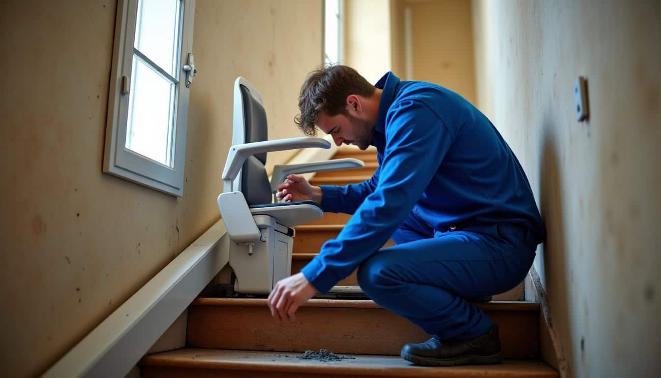 Technicien en train d’installer un monte-escalier dans une maison à Salon-de-Provence