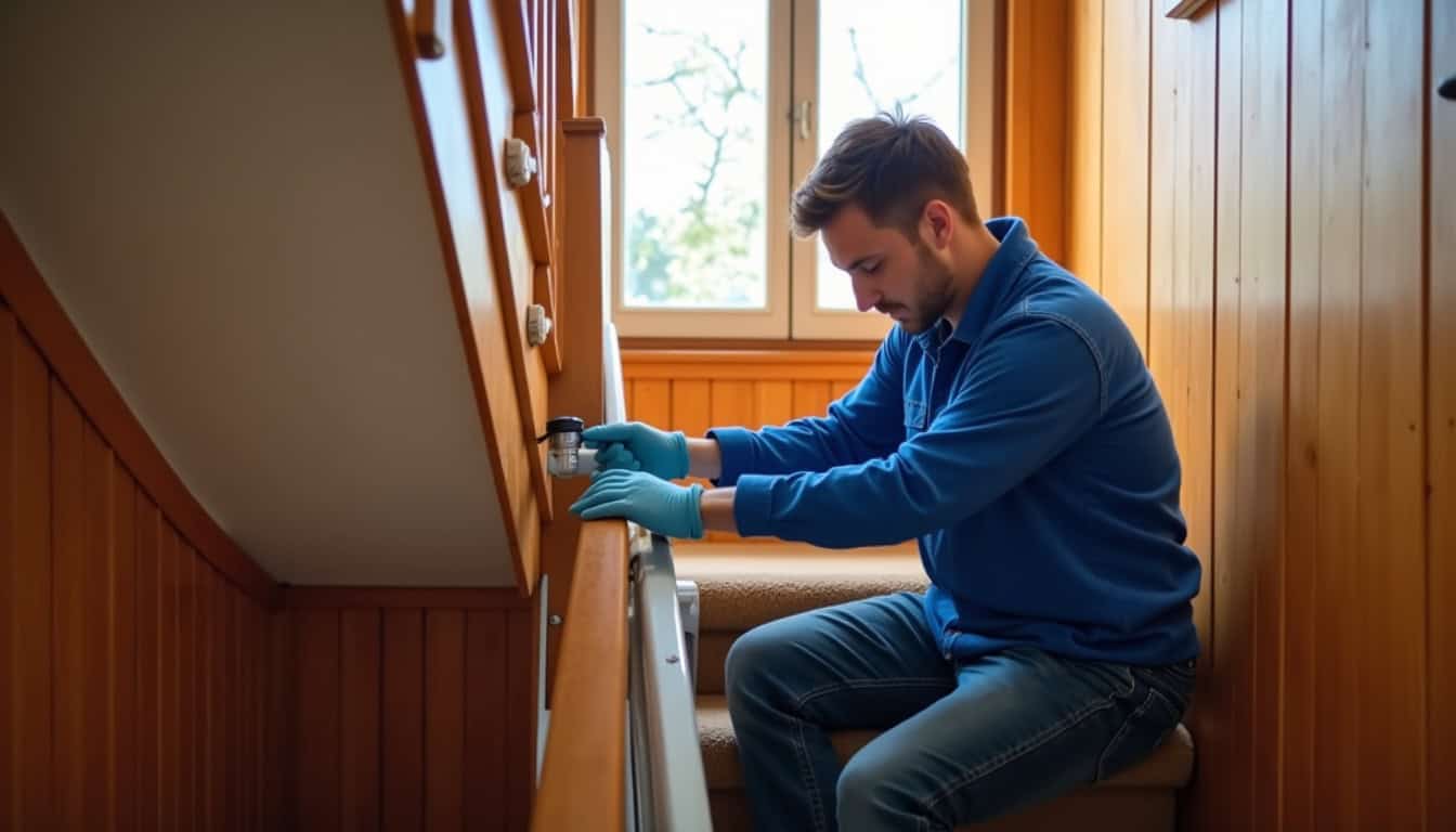 Technicien en train d’installer un monte-escalier dans une maison à Sérifontaine