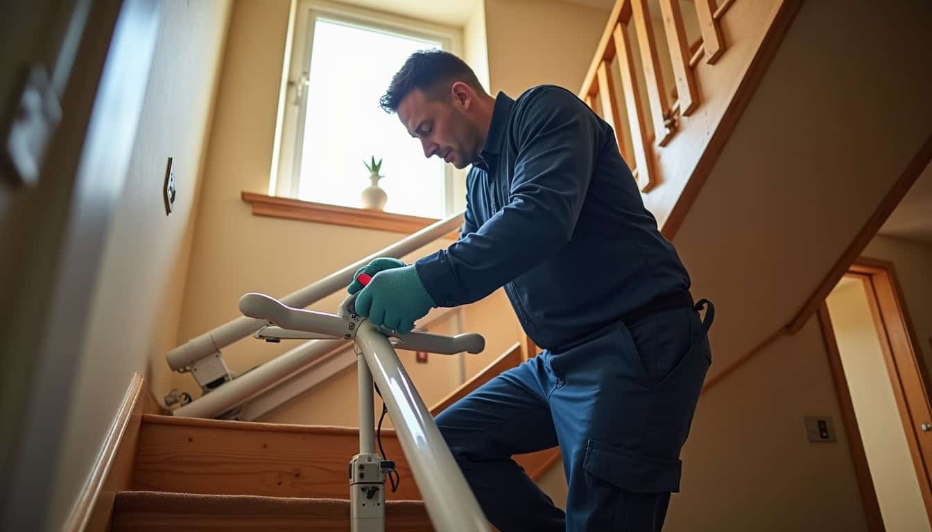 Technicien en train d’installer un monte-escalier dans une maison à Surtainville