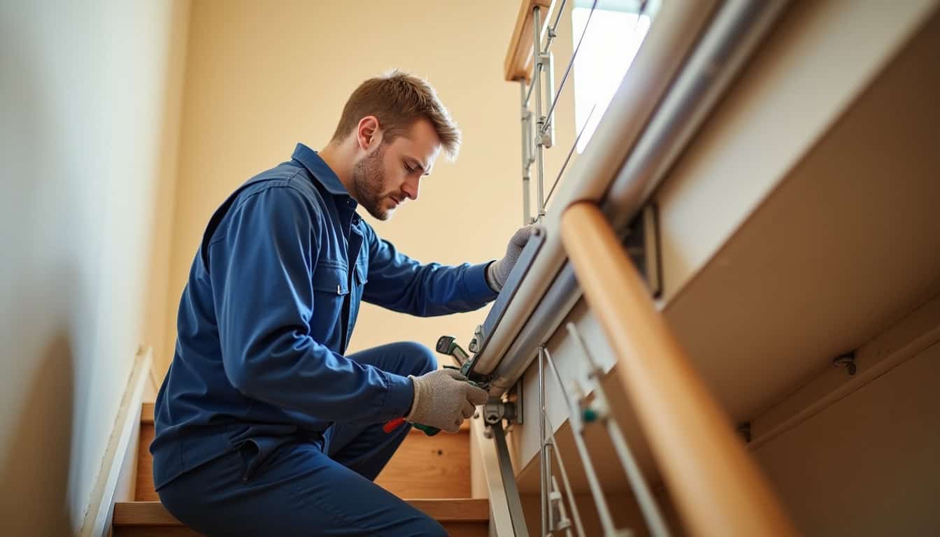 Technicien en train d’installer un monte-escalier dans une maison à Tilloy-lès-Mofflaines
