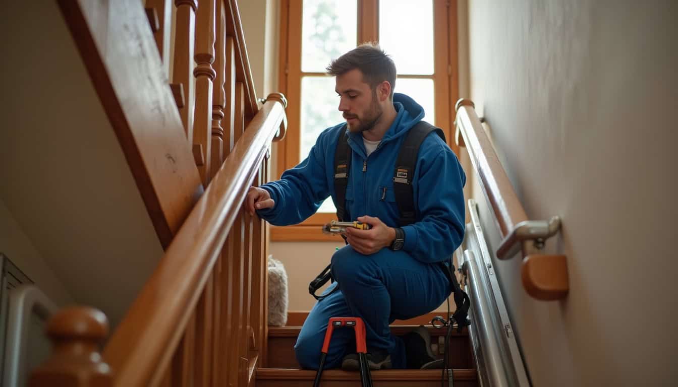Technicien en train d’installer un monte-escalier dans une maison à Treffendel