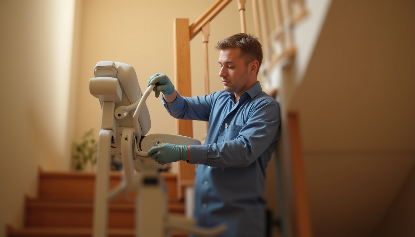Technicien en train d’installer un monte-escalier dans une maison à Val d’Erdre-Auxence