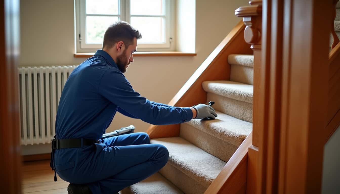 Technicien en train d’installer un monte-escalier dans une maison à Vallères