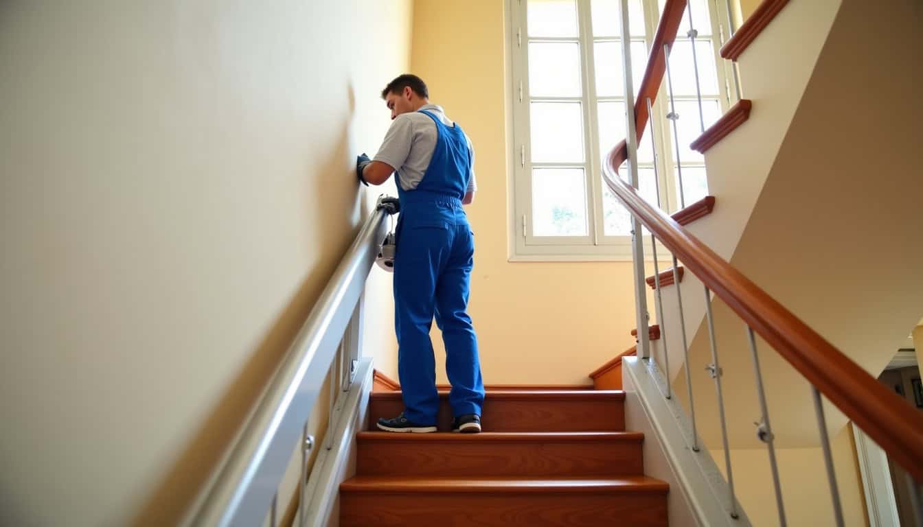 Technicien en train d’installer un monte-escalier dans une maison à Villeneuve-lès-Avignon