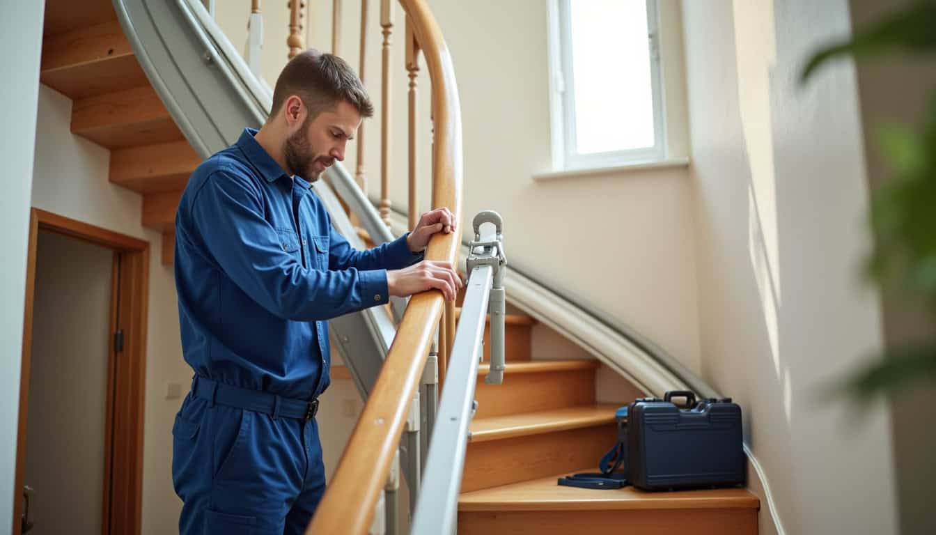Technicien en train d’installer un monte-escalier dans une maison à Villette-d’Anthon