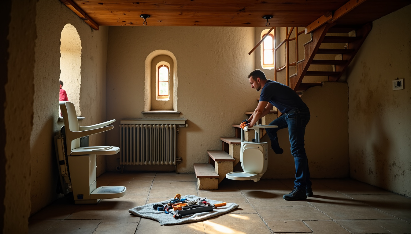 Technicien en train d’installer un monte-escalier dans une maison ancienne de Varennes-Saint-Sauveur