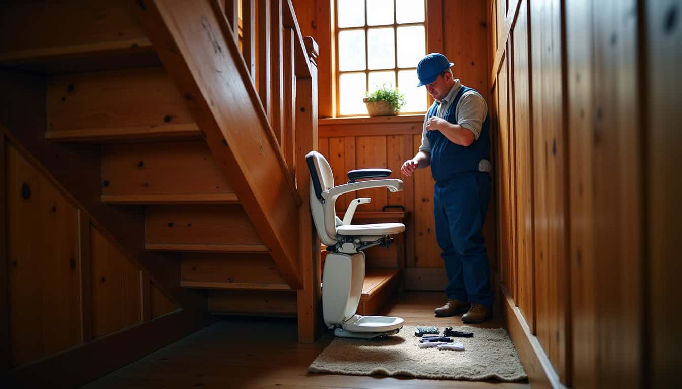 Technicien en train d’installer un monte-escalier dans une maison ancienne