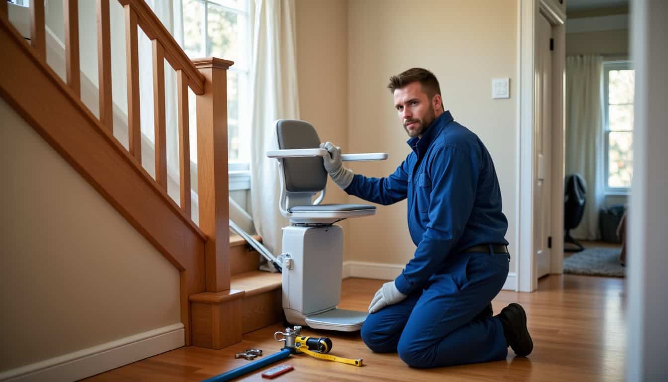 Technicien en train d’installer un monte-escalier dans une maison, avec outils et matériel de pose