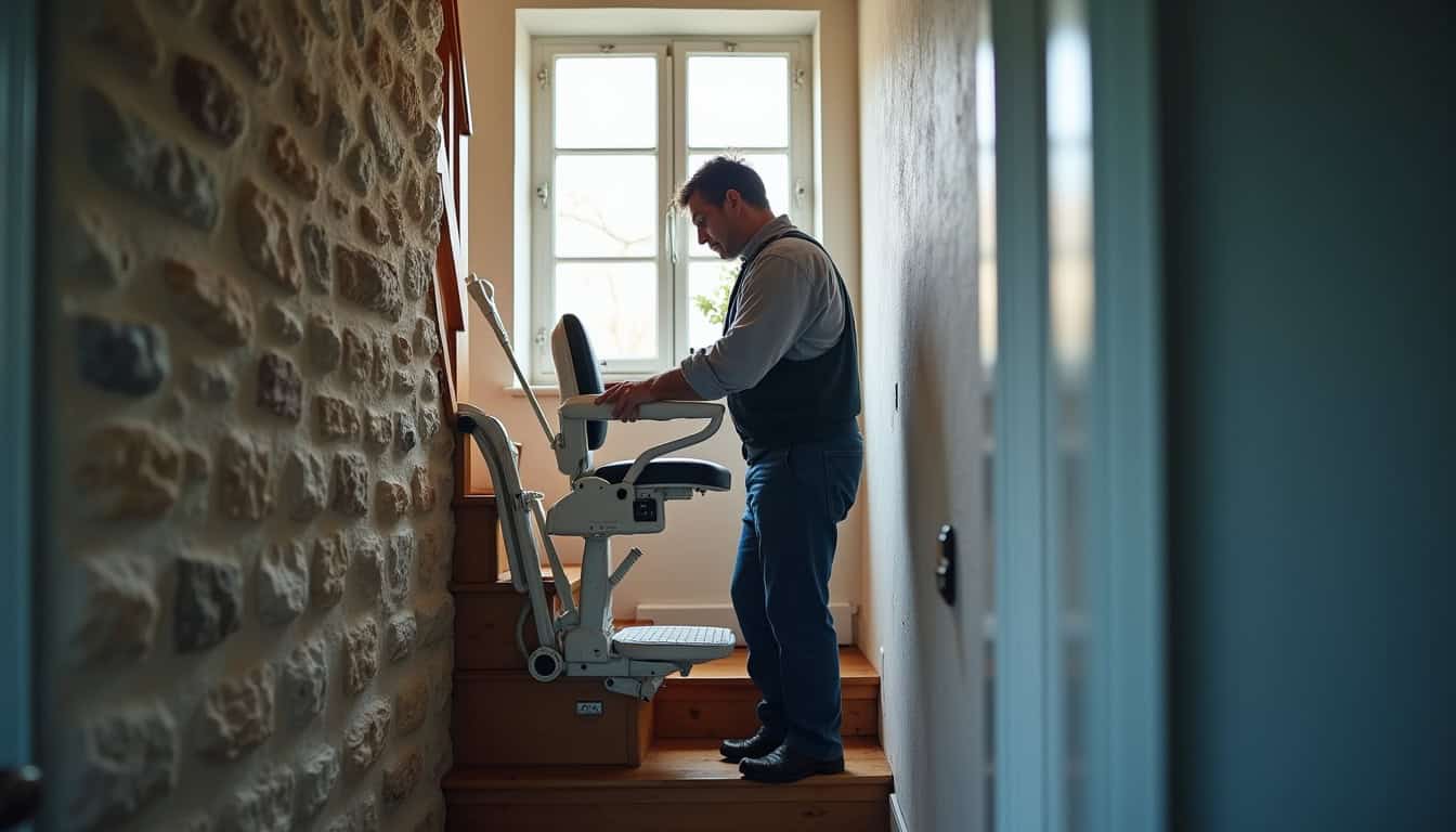 Technicien en train d’installer un monte-escalier dans une maison bretonne