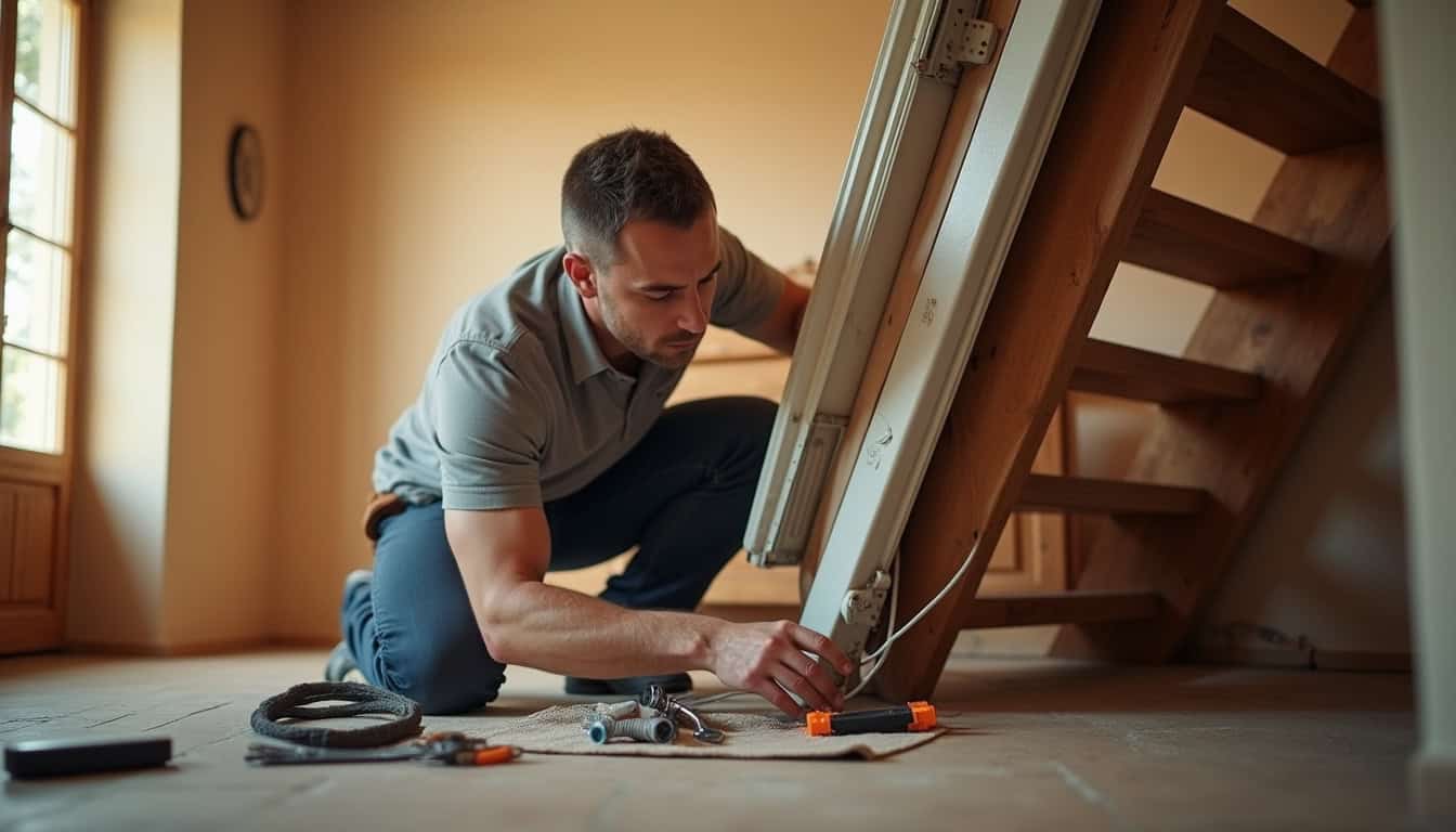 Technicien en train d’installer un monte-escalier dans une maison de Banon