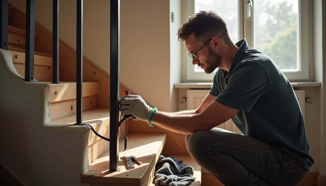 Technicien en train d’installer un monte-escalier dans une maison de Bévenais, mesurant précisément le rail avant la fixation