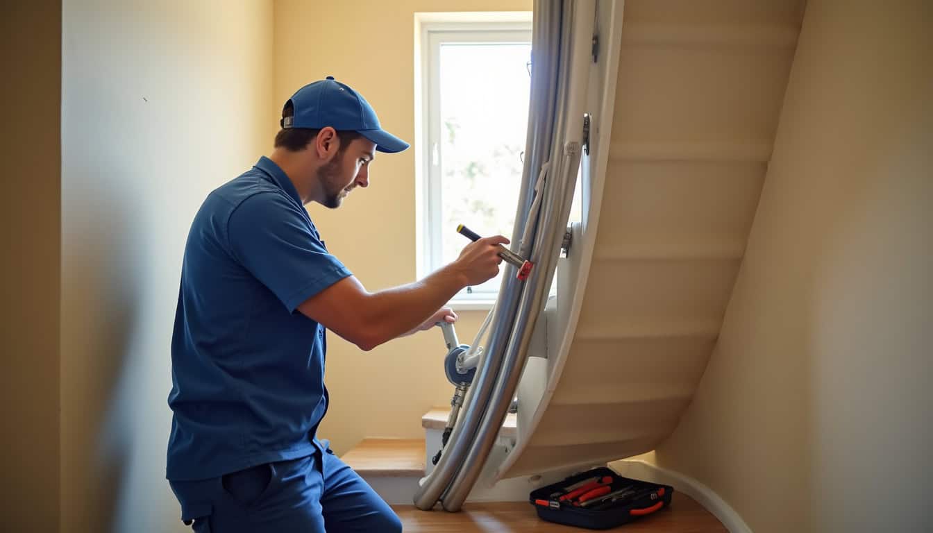 Technicien en train d’installer un monte-escalier dans une maison de Biéville-Beuville