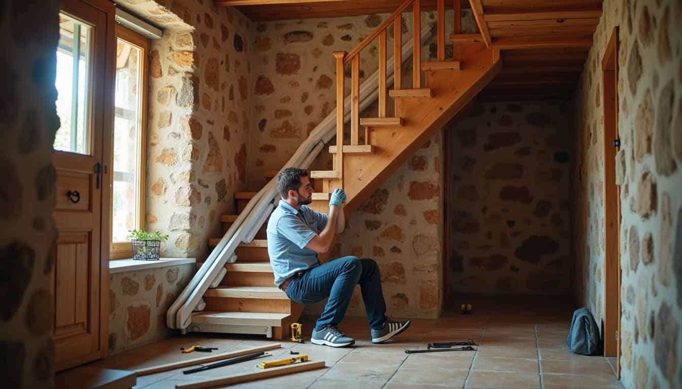 Technicien en train d’installer un monte-escalier dans une maison de Brasparts, avec outils et rail sur mesure