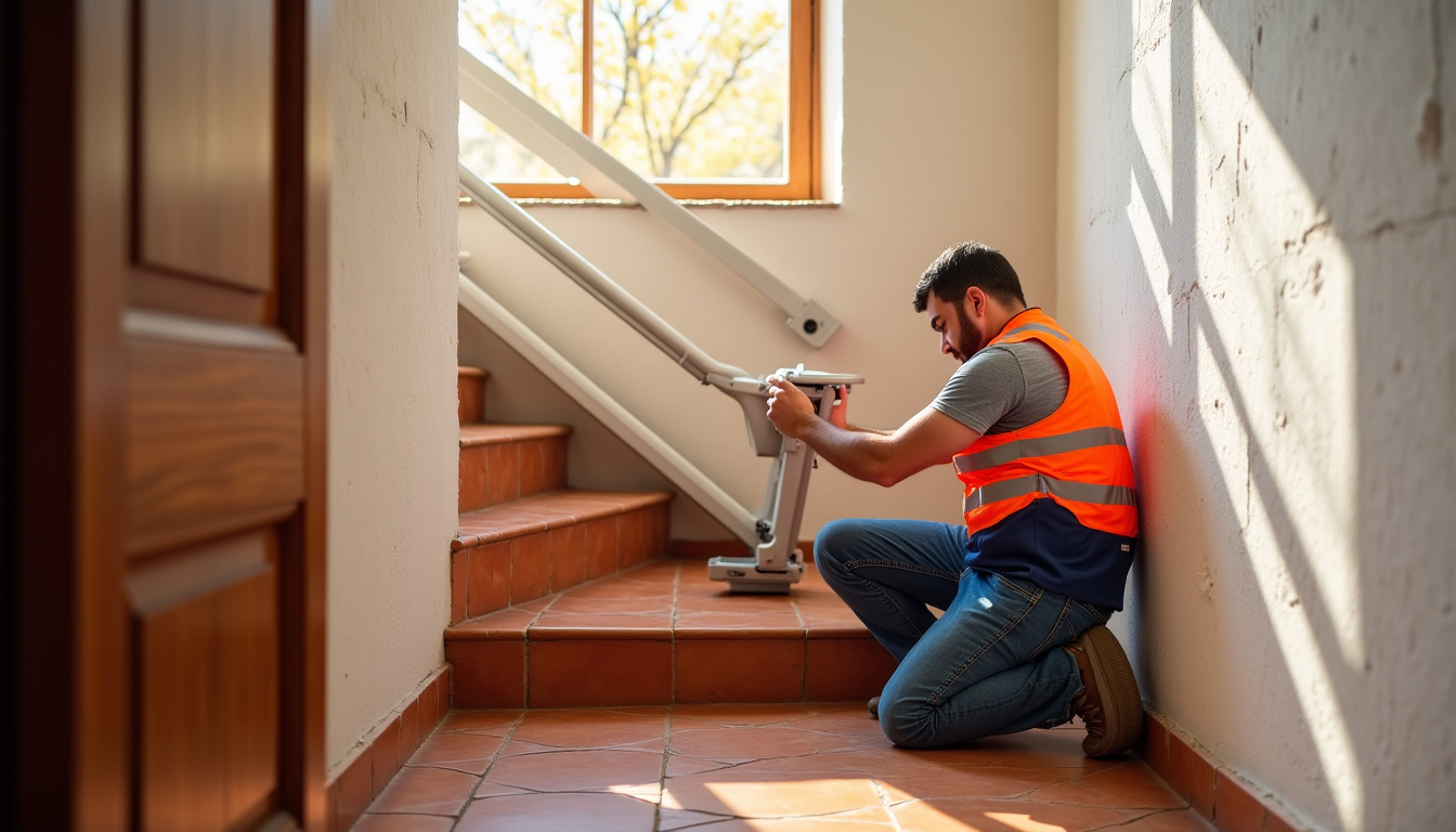Technicien en train d’installer un monte-escalier dans une maison de Grenade