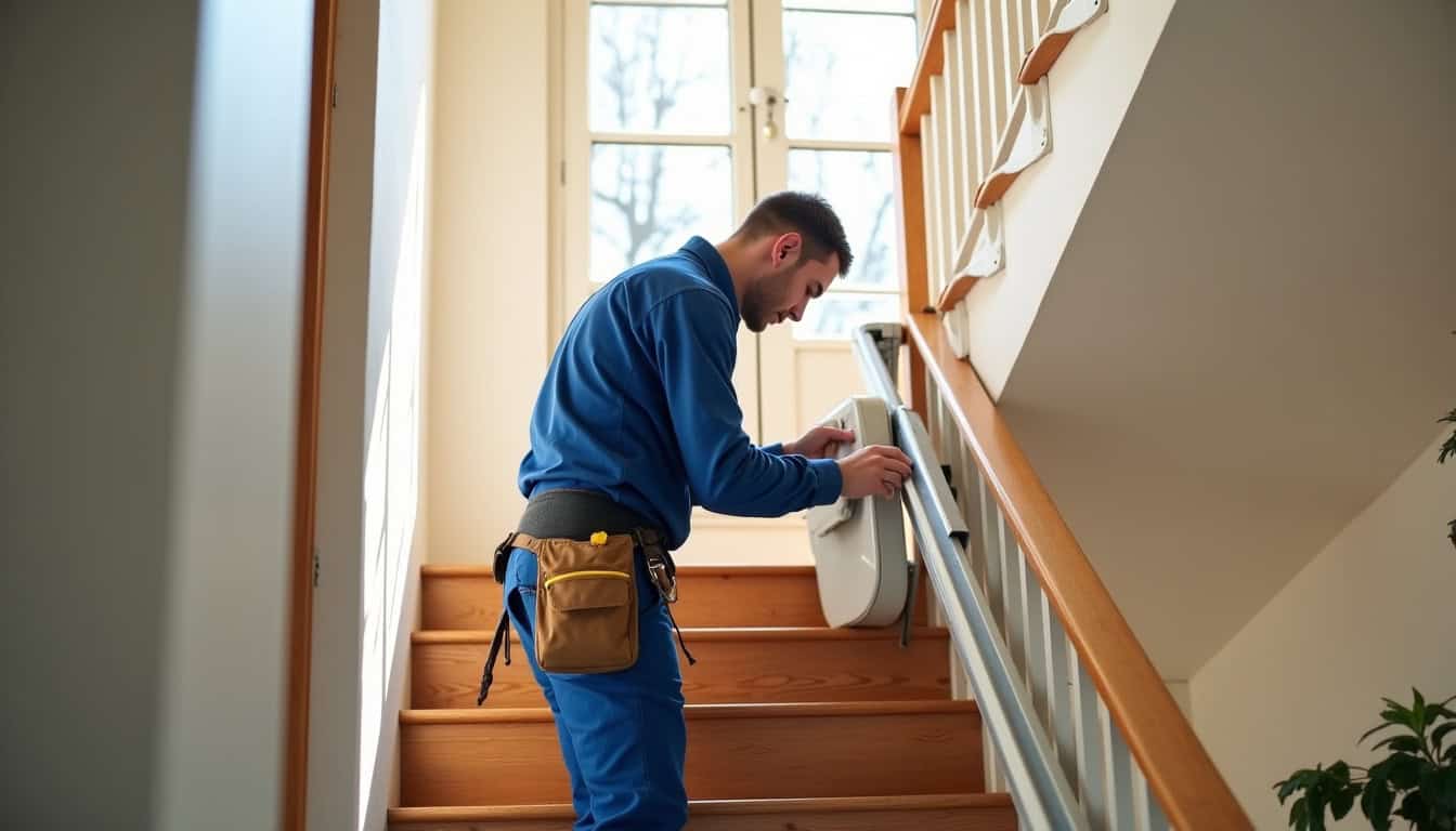 Technicien en train d’installer un monte-escalier dans une maison de la Sarthe