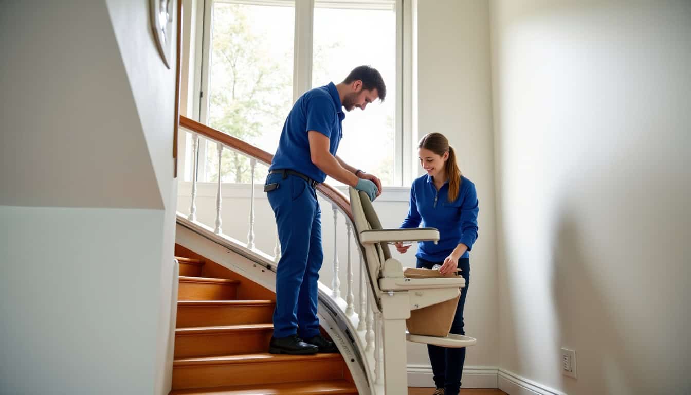 Technicien en train d’installer un monte-escalier dans une maison de Mirabeau