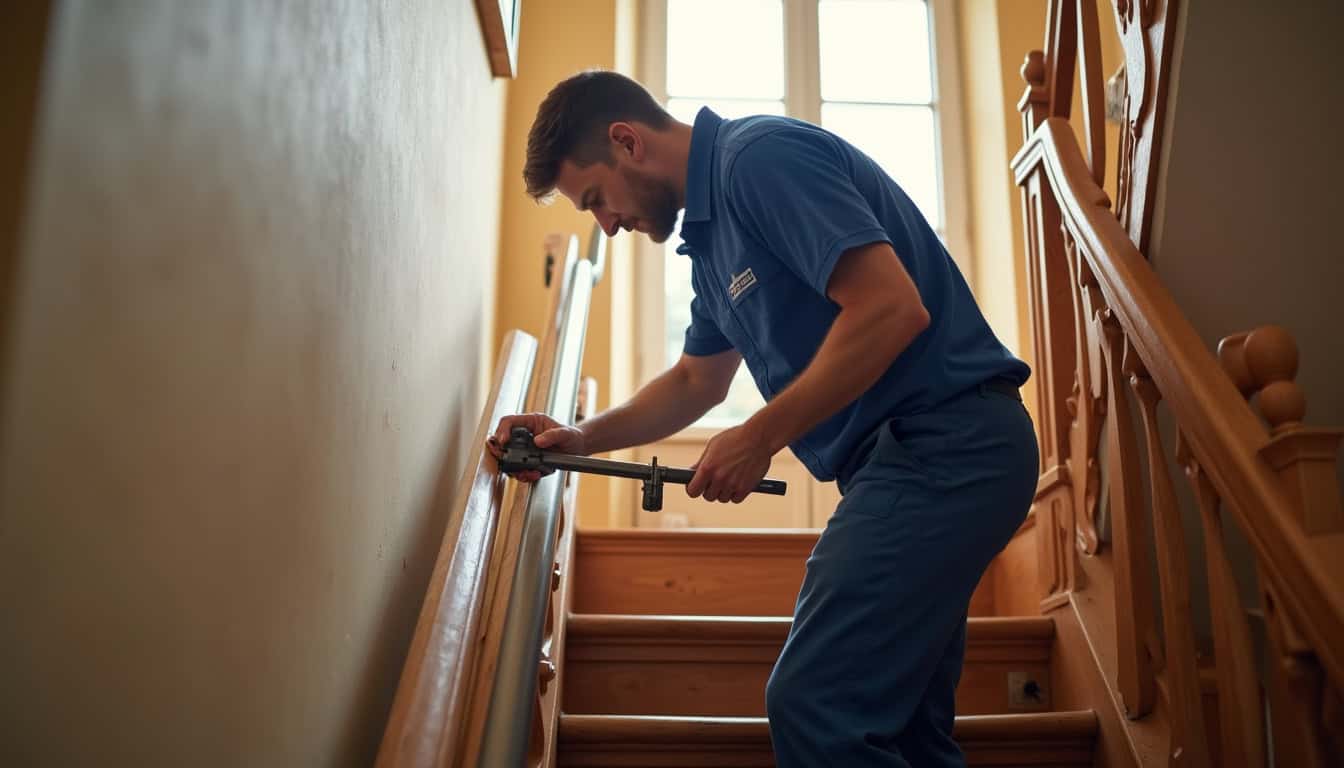 Technicien en train d’installer un monte-escalier dans une maison de Pouzac
